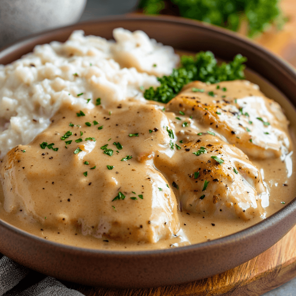 A plate of tender chicken in rich gravy with mashed potatoes, showcasing the Slow Cooker Creamy Chicken & Gravy Recipe.