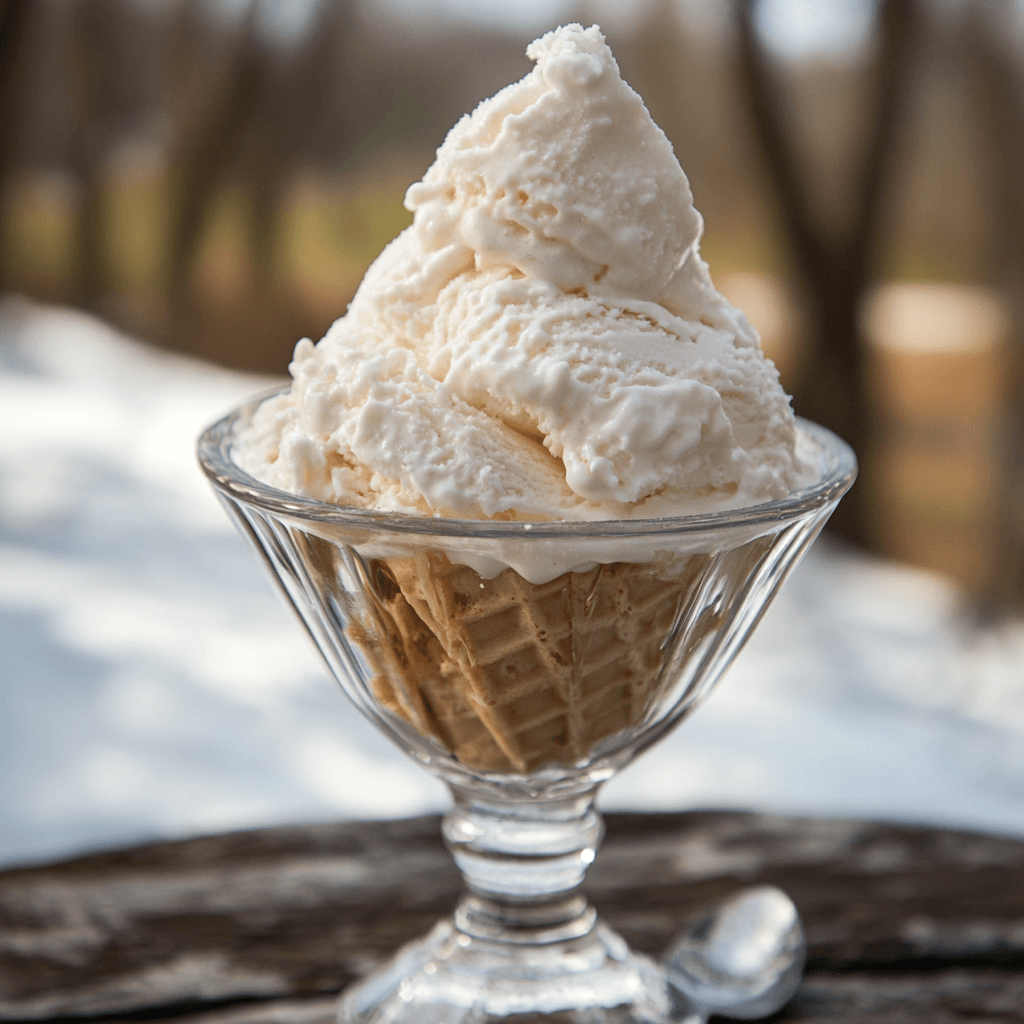 A creamy scoop of snow cream served in a waffle cone and glass cup, set against a snowy outdoor background.