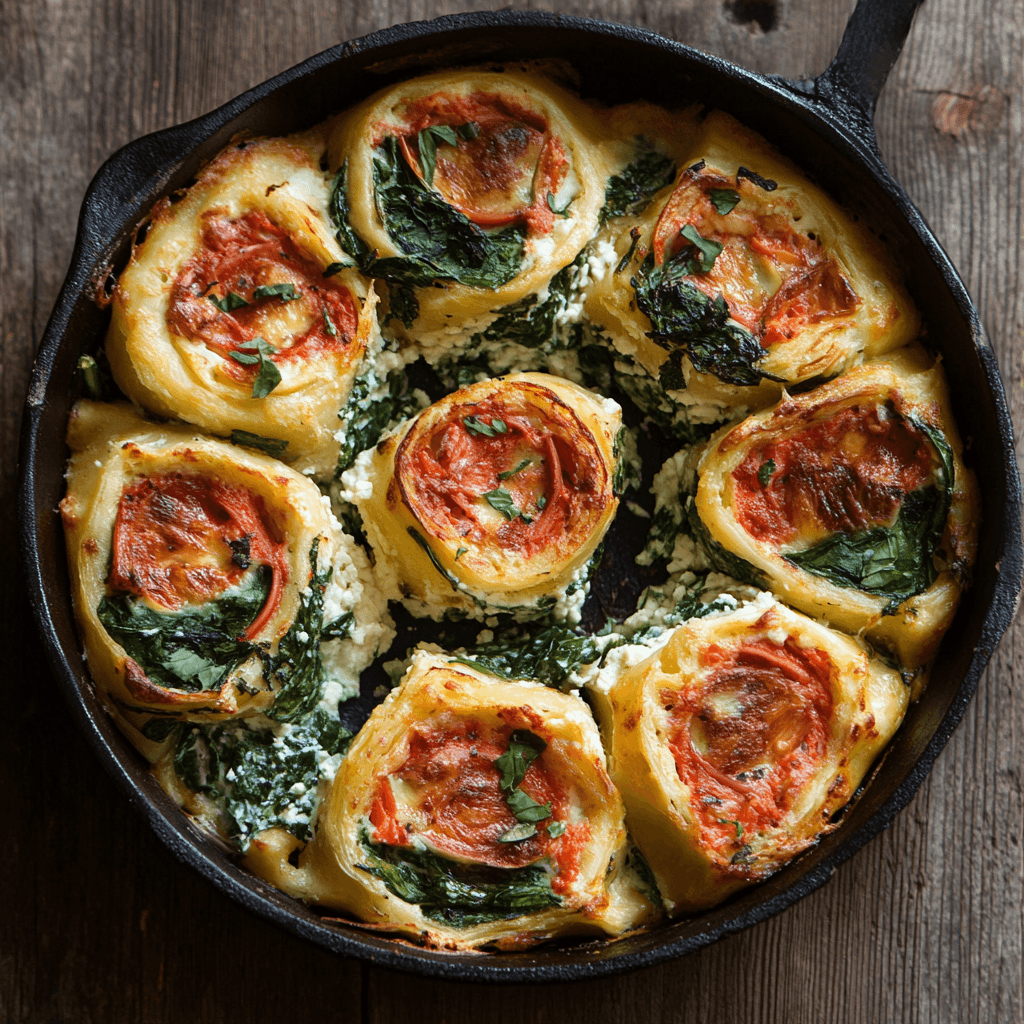 Freshly baked Spinach and Ricotta Rotolo in a cast iron skillet, with golden edges and vibrant spinach filling.