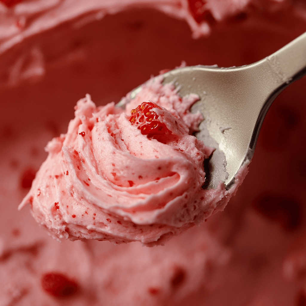 A spoonful of creamy Strawberry Cream Cheese Frosting with bits of fresh strawberries.
