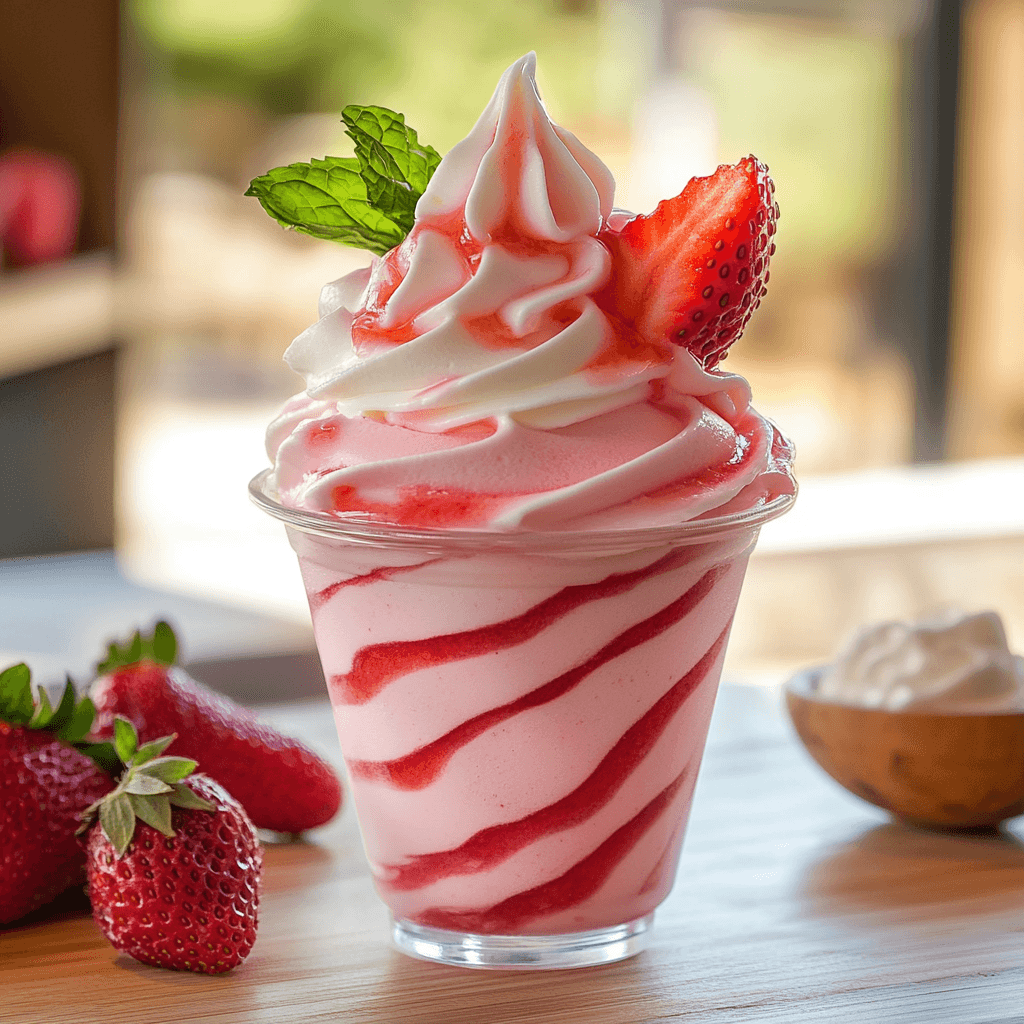 A swirl of strawberry and vanilla Dole Whip topped with fresh strawberry slices, a drizzle of strawberry sauce, and a sprig of mint in a clear cup.