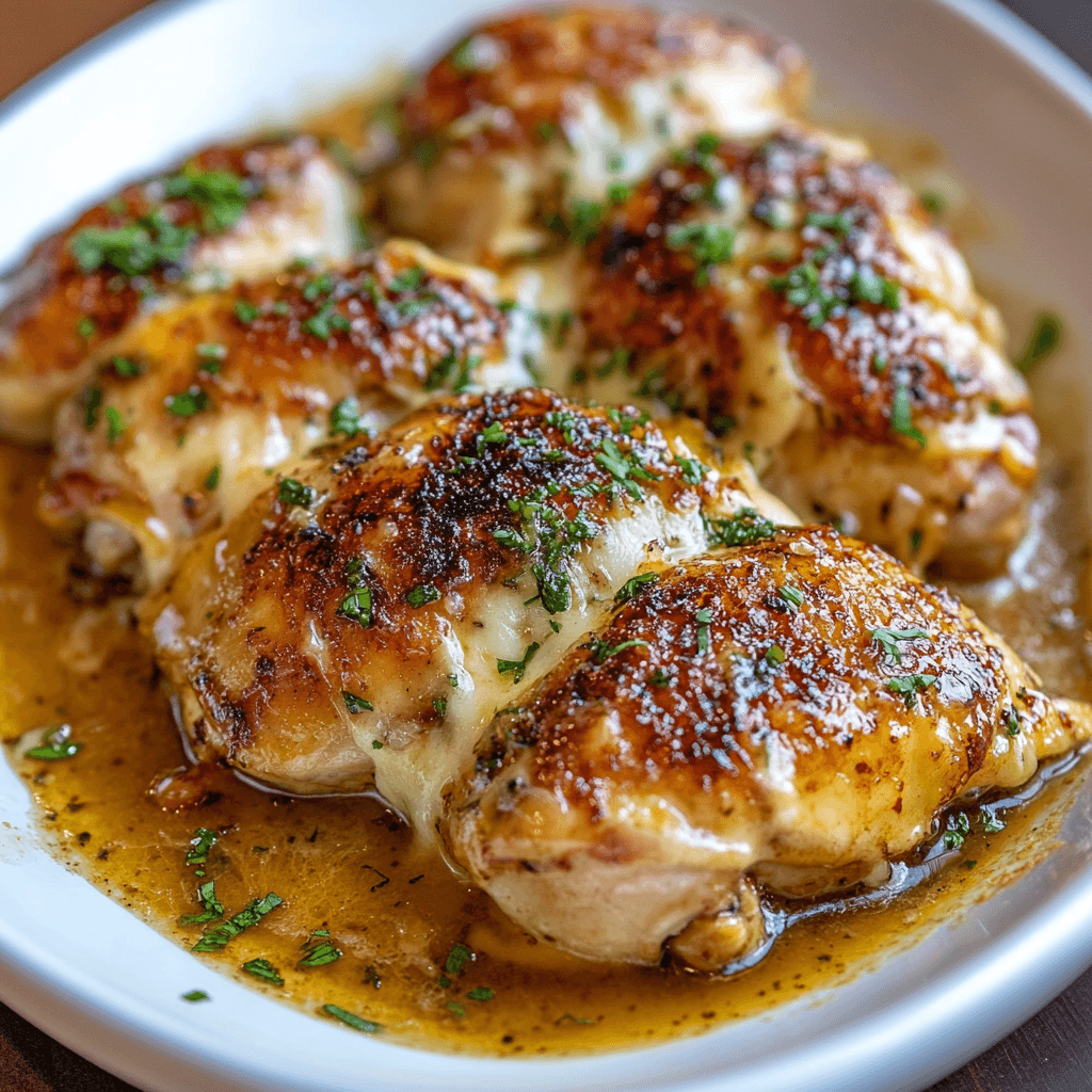 Juicy, golden-brown chicken thighs baked with melted cheese and garnished with fresh parsley in a rich, flavorful sauce.