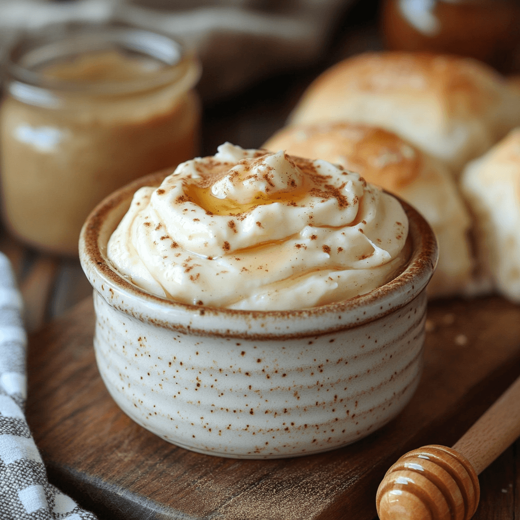 A rustic ceramic bowl filled with whipped cinnamon honey butter, topped with a drizzle of honey and a dusting of cinnamon, placed on a wooden board with fresh rolls in the background.