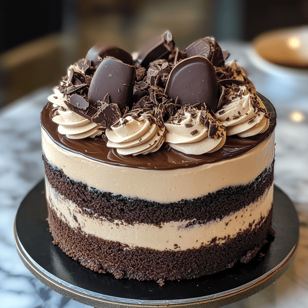 A decadent triple chocolate cake with layers of chocolate sponge, chocolate mousse, and topped with chocolate decorations.