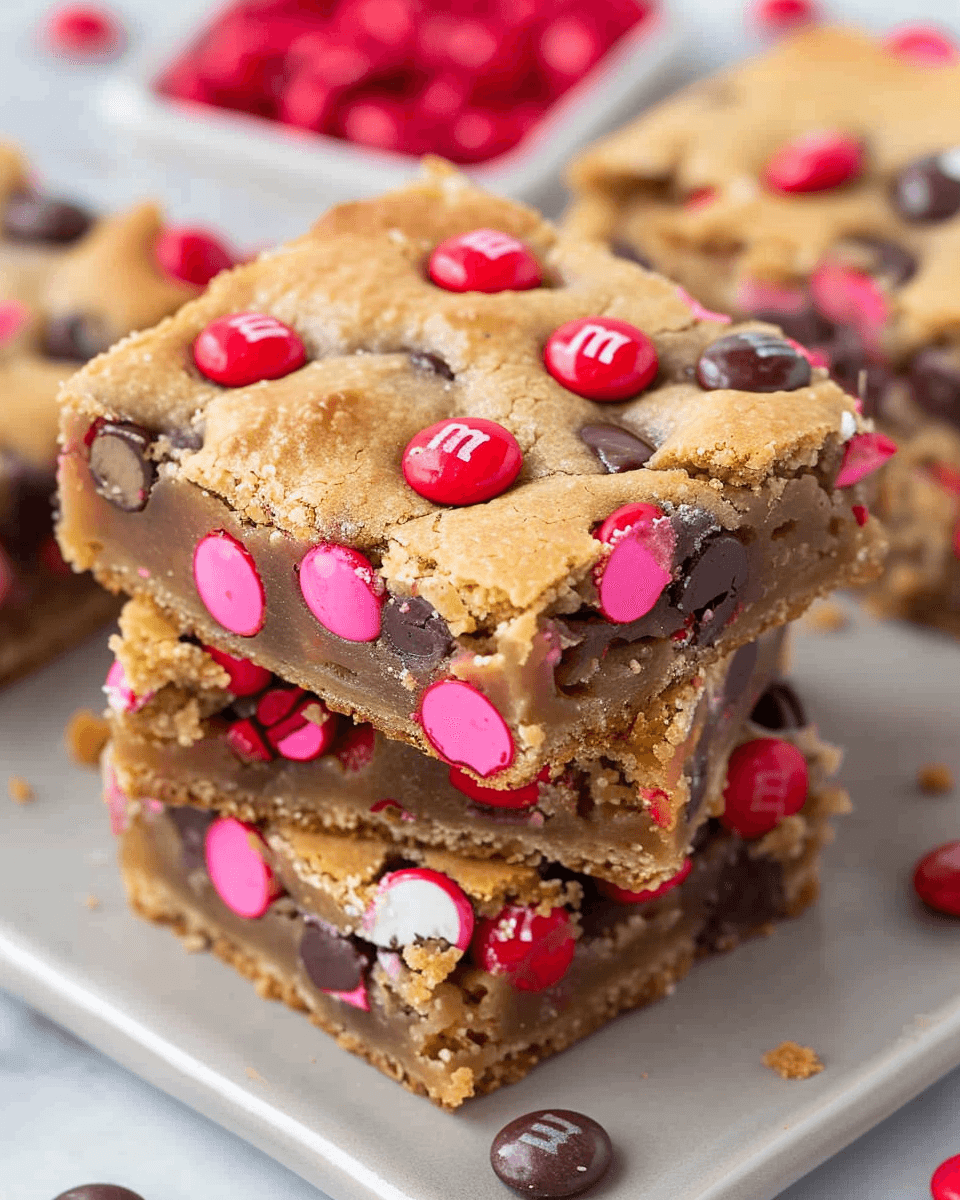 A stack of Valentine's Day M&M Cookie Bars loaded with red, pink, and chocolate candies on a plate.