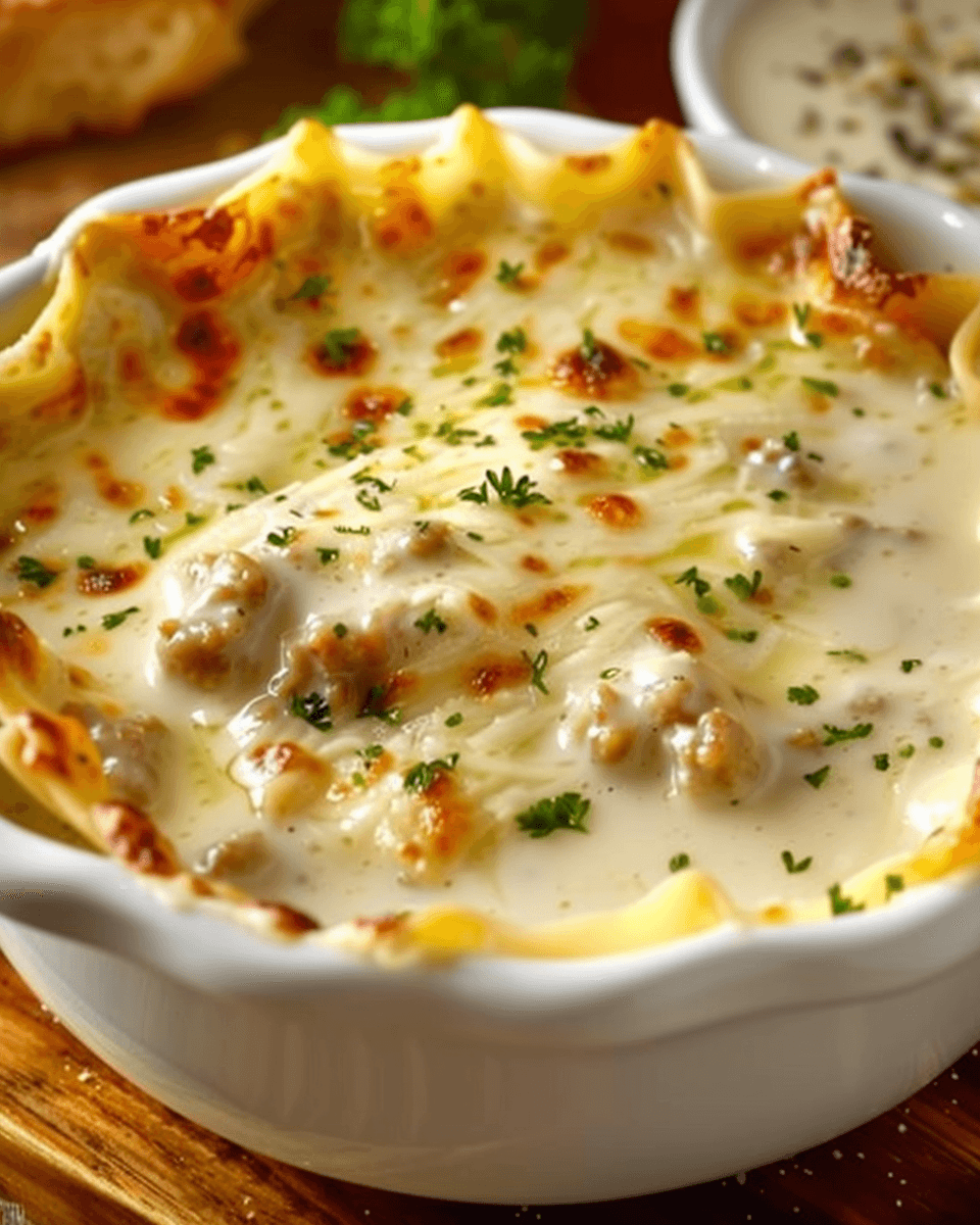 A creamy and cheesy White Lasagna Soup served in a white dish, topped with melted cheese, sausage, and fresh parsley.
