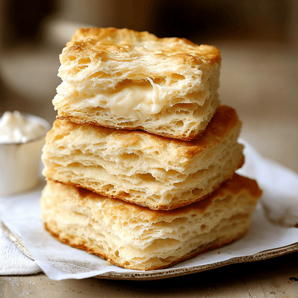 A stack of three golden, flaky biscuits with a buttery filling, served on a rustic plate with a small dish of butter in the background.