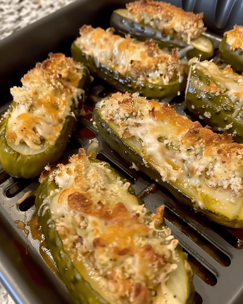Crispy and cheesy air fryer stuffed pickles topped with melted cheese and breadcrumbs in a black air fryer tray.