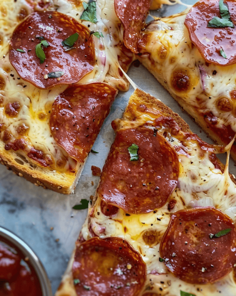 Close-up of crispy Airfryer Pizza Toastie with melted cheese, pepperoni, and fresh herbs on toasted bread.