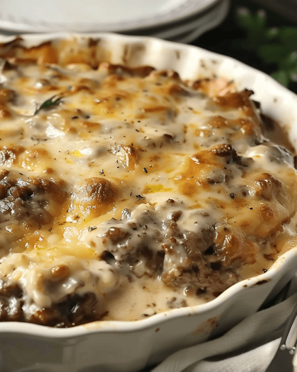 Amish Hamburger Steak Bake with layers of tender beef, creamy mashed potatoes, rich mushroom gravy, and melted cheese in a baked casserole dish.
