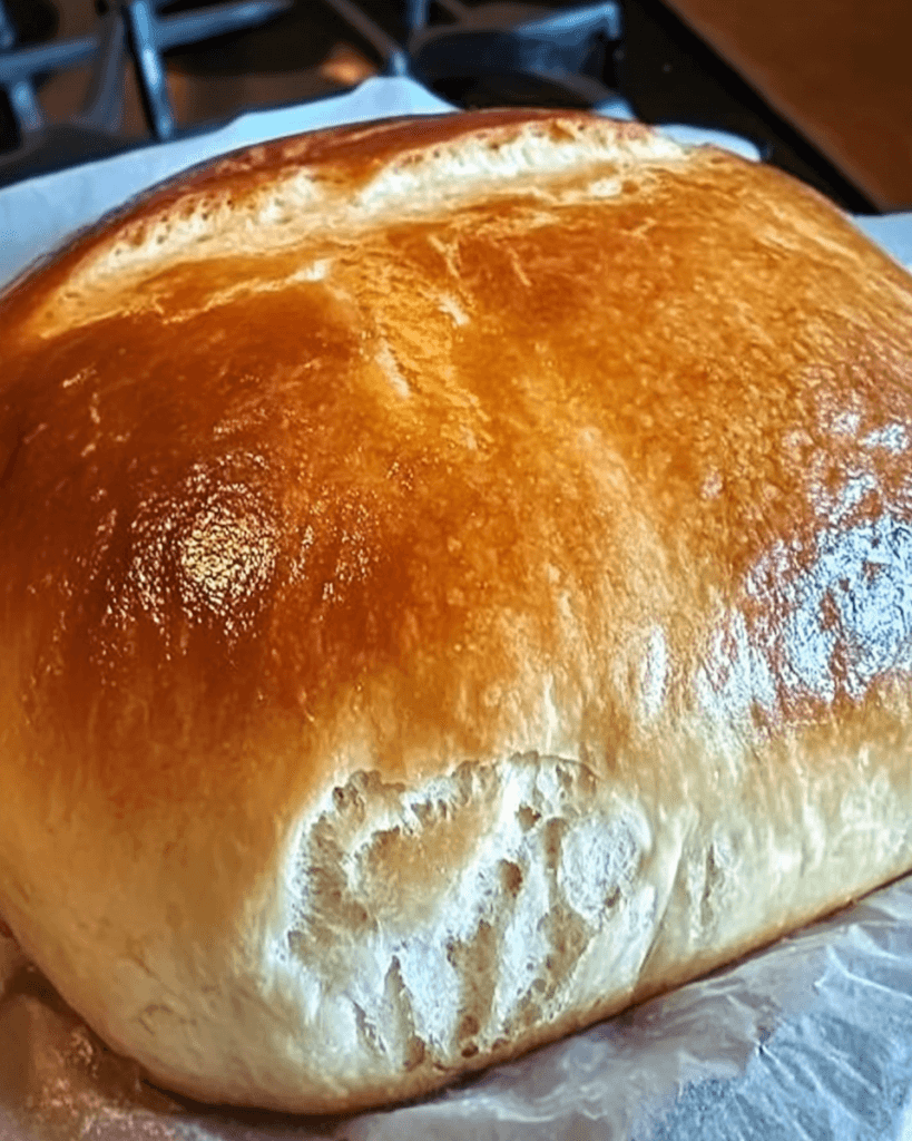 A freshly baked loaf of golden-brown Amish White Bread with a soft, fluffy texture and a shiny crust.