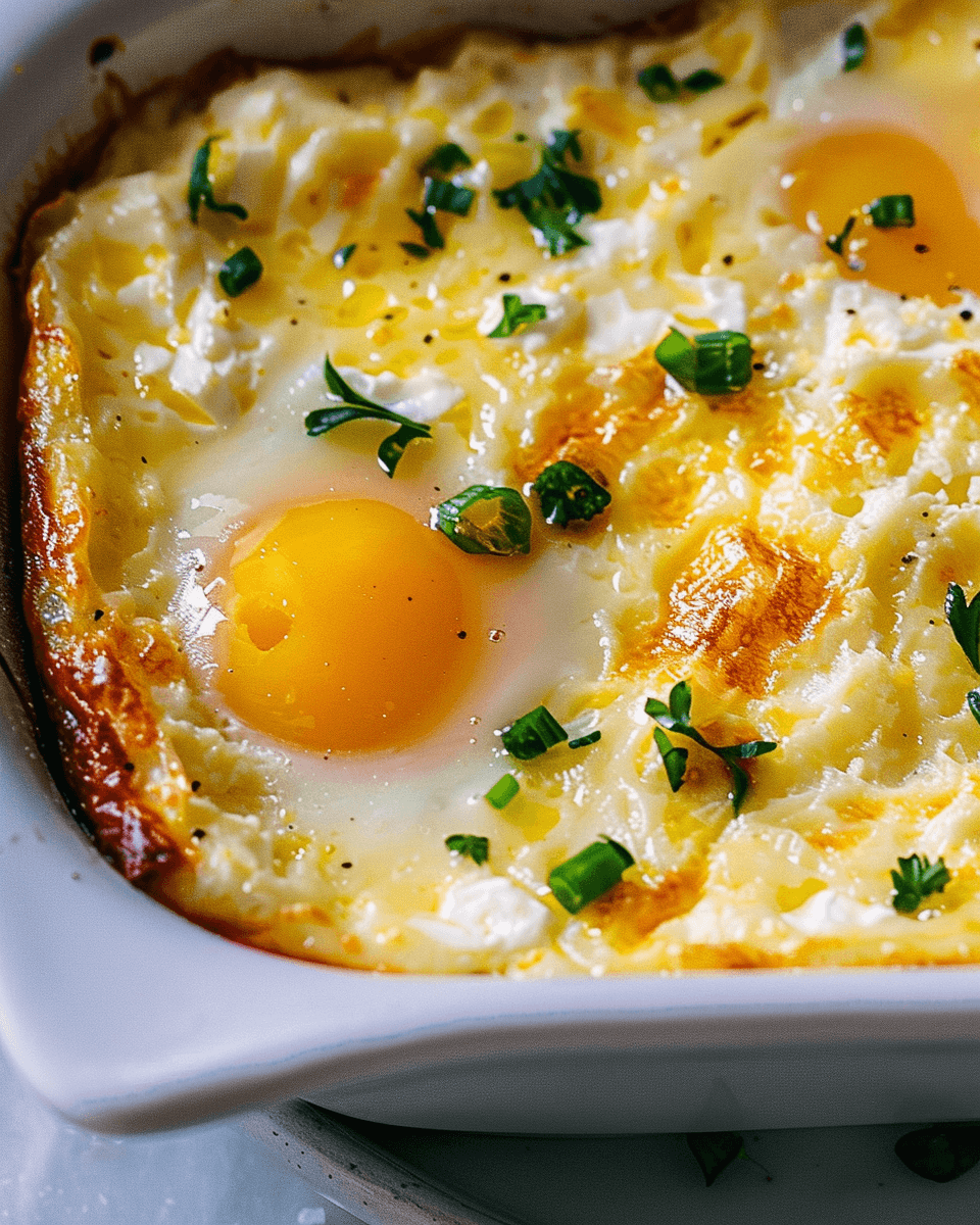 A close-up of baked cottage cheese eggs in a white dish, topped with melted cheese, fresh herbs, and seasonings.