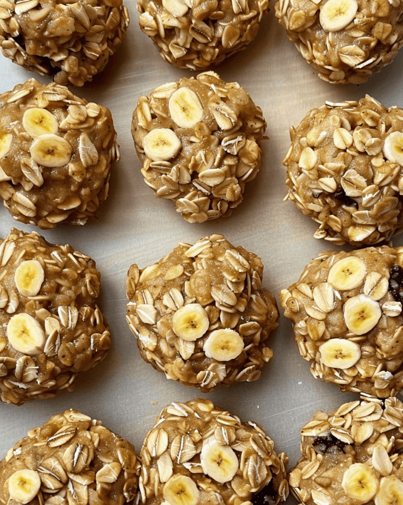 No-bake Banana Oatmeal Energy Bites coated in oats and topped with banana slices, arranged on a tray.