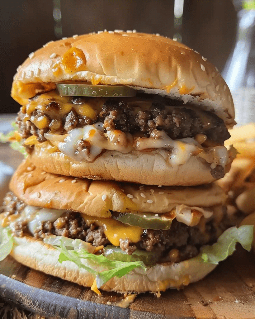 A close-up of two stacked Big Mac-style sloppy joe burgers with melted cheese, pickles, and lettuce on sesame seed buns.
