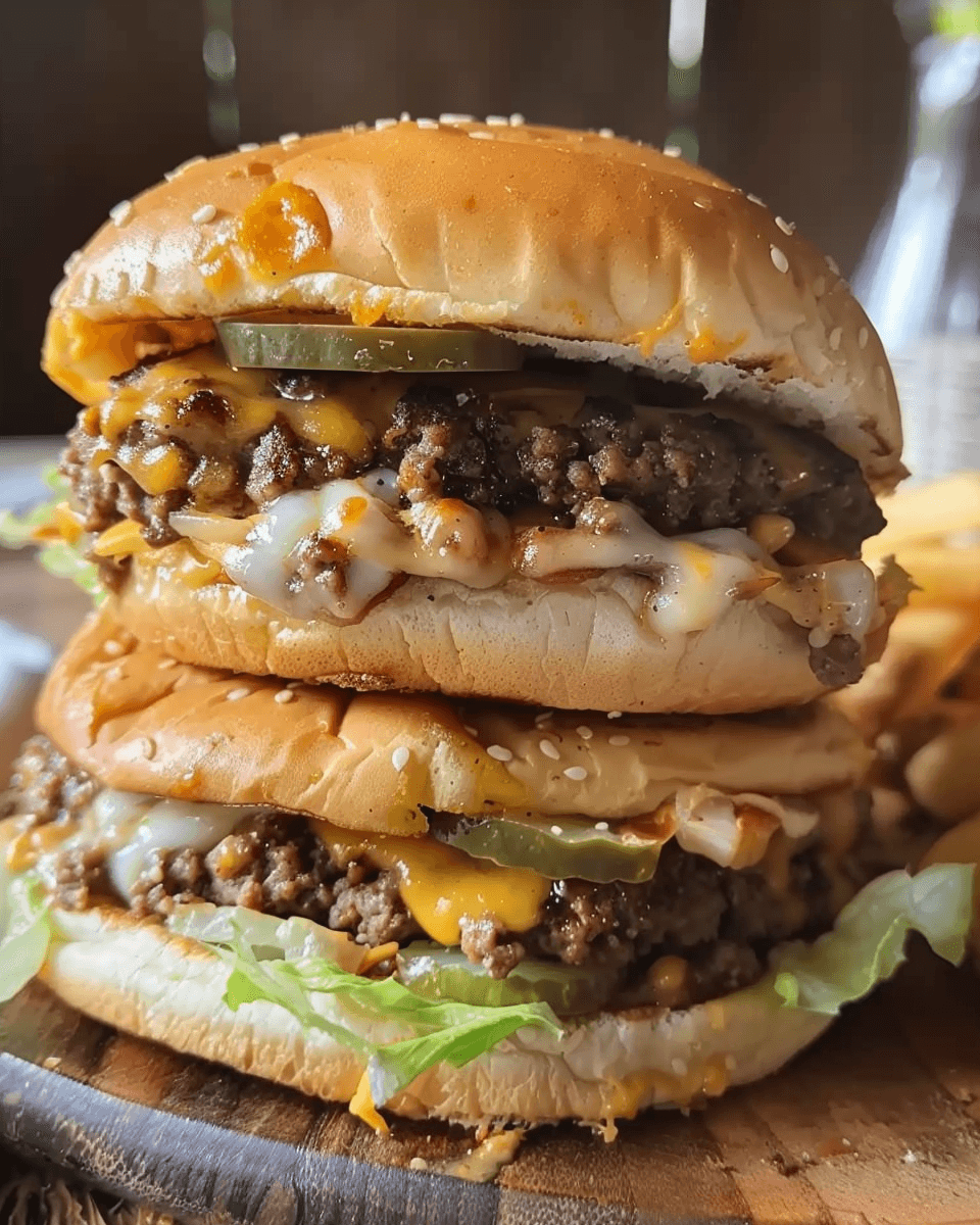 A close-up of two stacked Big Mac-style sloppy joe burgers with melted cheese, pickles, and lettuce on sesame seed buns.