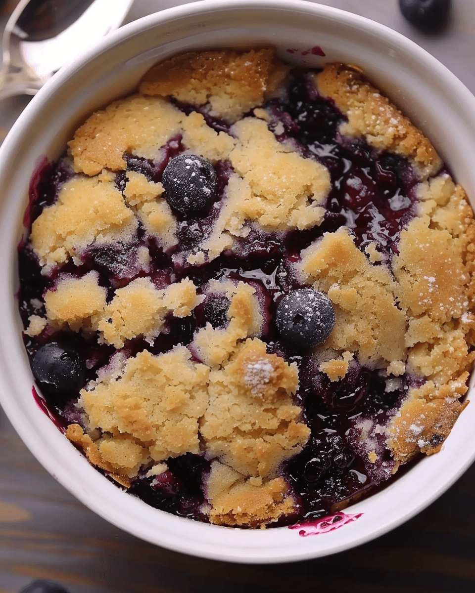 A warm blueberry dump cake in a white ramekin, with a golden, buttery crumble topping and juicy blueberry filling.