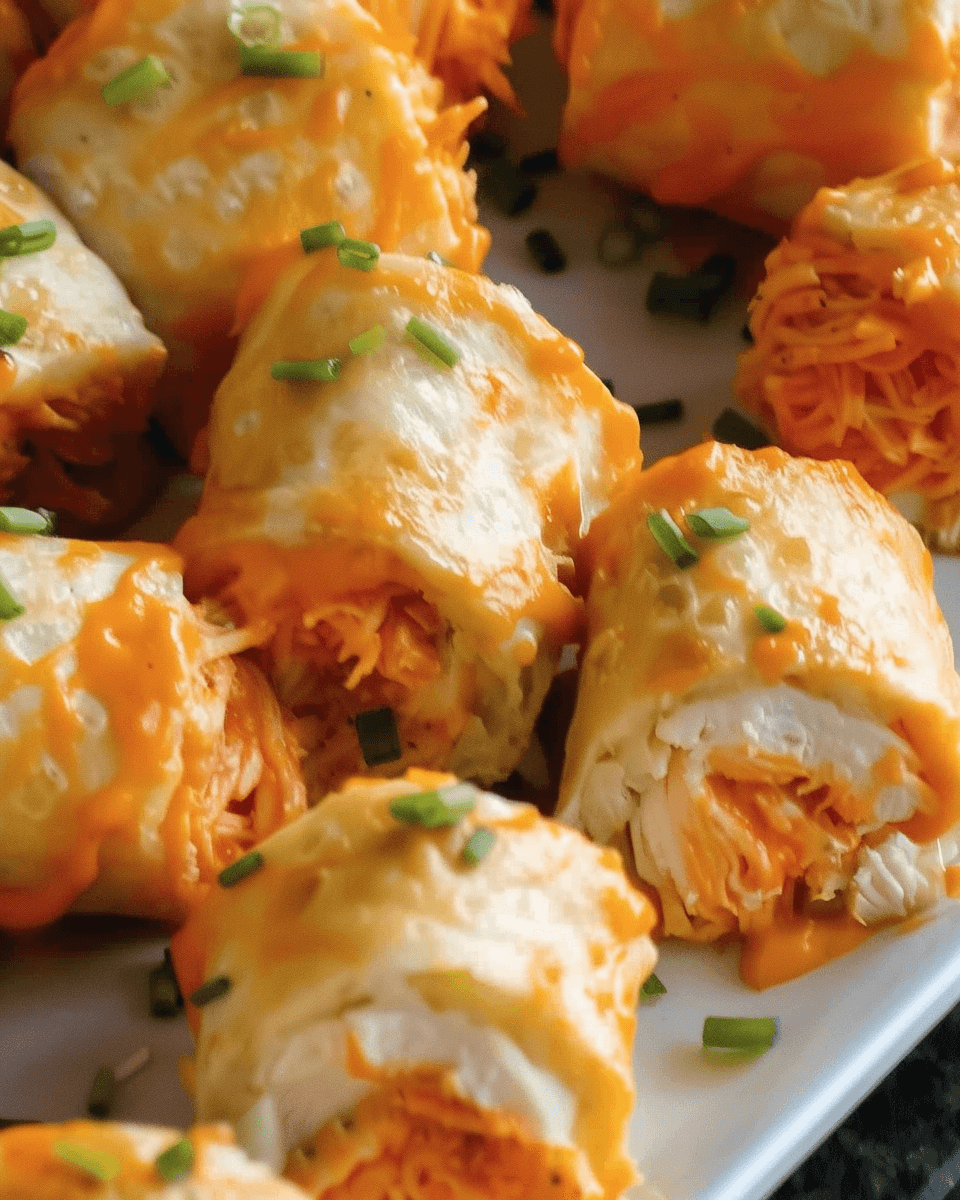 Close-up of Buffalo Chicken Roll-Ups with melted cheese, shredded buffalo chicken, and a golden-brown crust, garnished with chopped green onions.