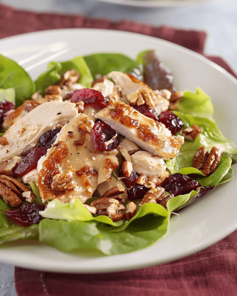 Cranberry Pecan Chicken Salad with fresh greens, tender chicken, dried cranberries, pecans, and a light vinaigrette dressing on a white plate.