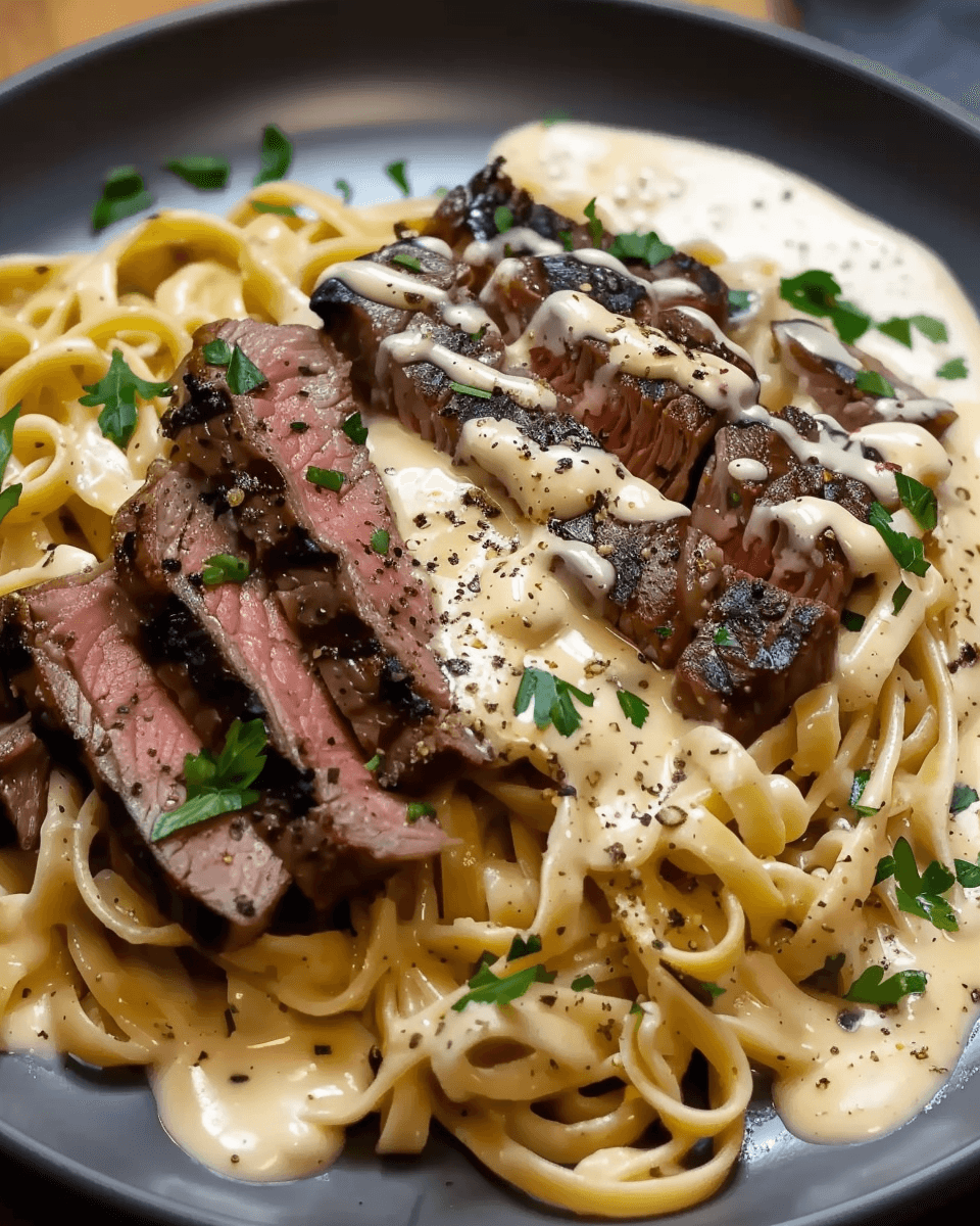 A plate of Cajun-seasoned steak sliced over creamy Parmesan Alfredo pasta, garnished with fresh parsley and black pepper.