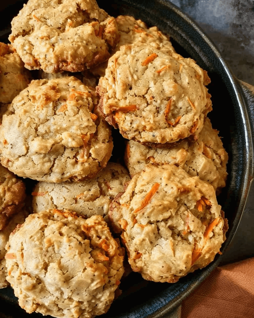 A bowl of freshly baked carrot cake cookies, golden brown and filled with shredded carrots and warm spices.