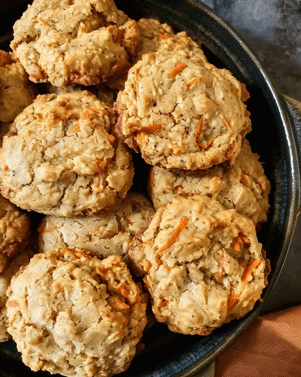 A bowl of freshly baked carrot cake cookies, golden brown and filled with shredded carrots and warm spices.