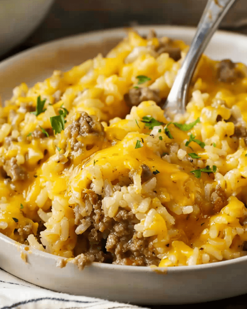 A close-up of Cheddar-Crusted Ground Beef and Rice Casserole, topped with melted cheddar cheese and garnished with fresh parsley.
