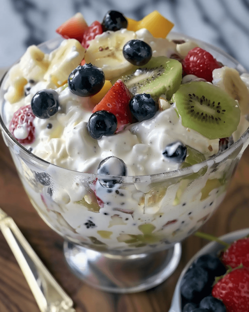 A creamy Cheesecake Fruit Salad in a glass bowl, loaded with fresh strawberries, blueberries, kiwi, bananas, and grapes, coated in a rich cheesecake dressing.