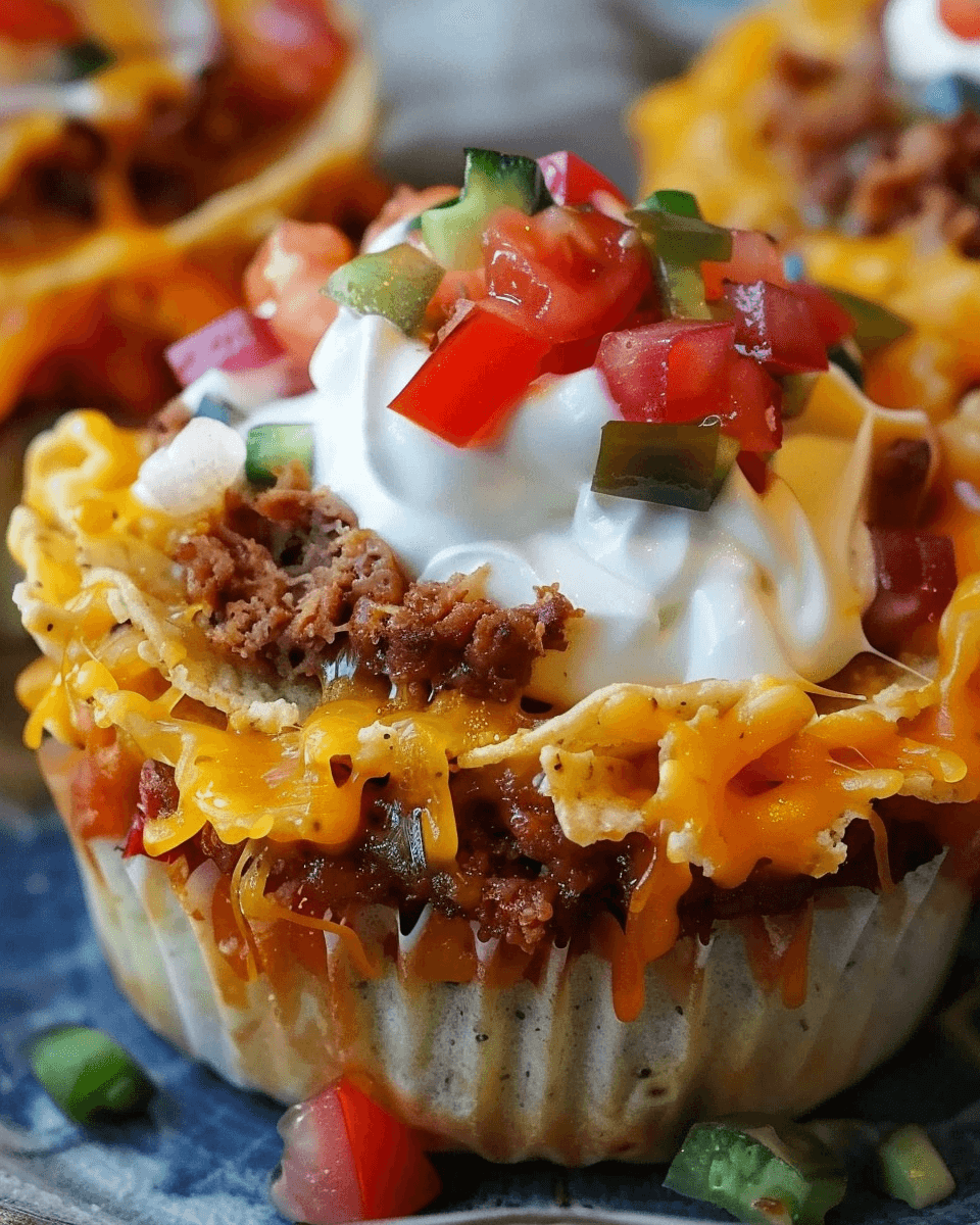 A close-up of a cheesy taco cupcake with layers of seasoned beef, melted cheddar cheese, crispy tortilla pieces, and topped with sour cream, diced tomatoes, and jalapeños.