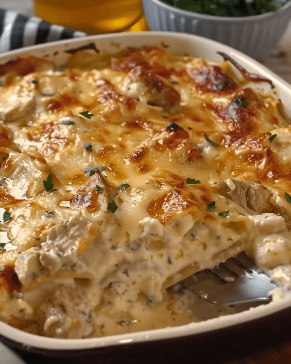 A creamy and cheesy Chicken Alfredo Lasagna with golden-brown melted cheese, tender chicken, and layers of rich Alfredo sauce.