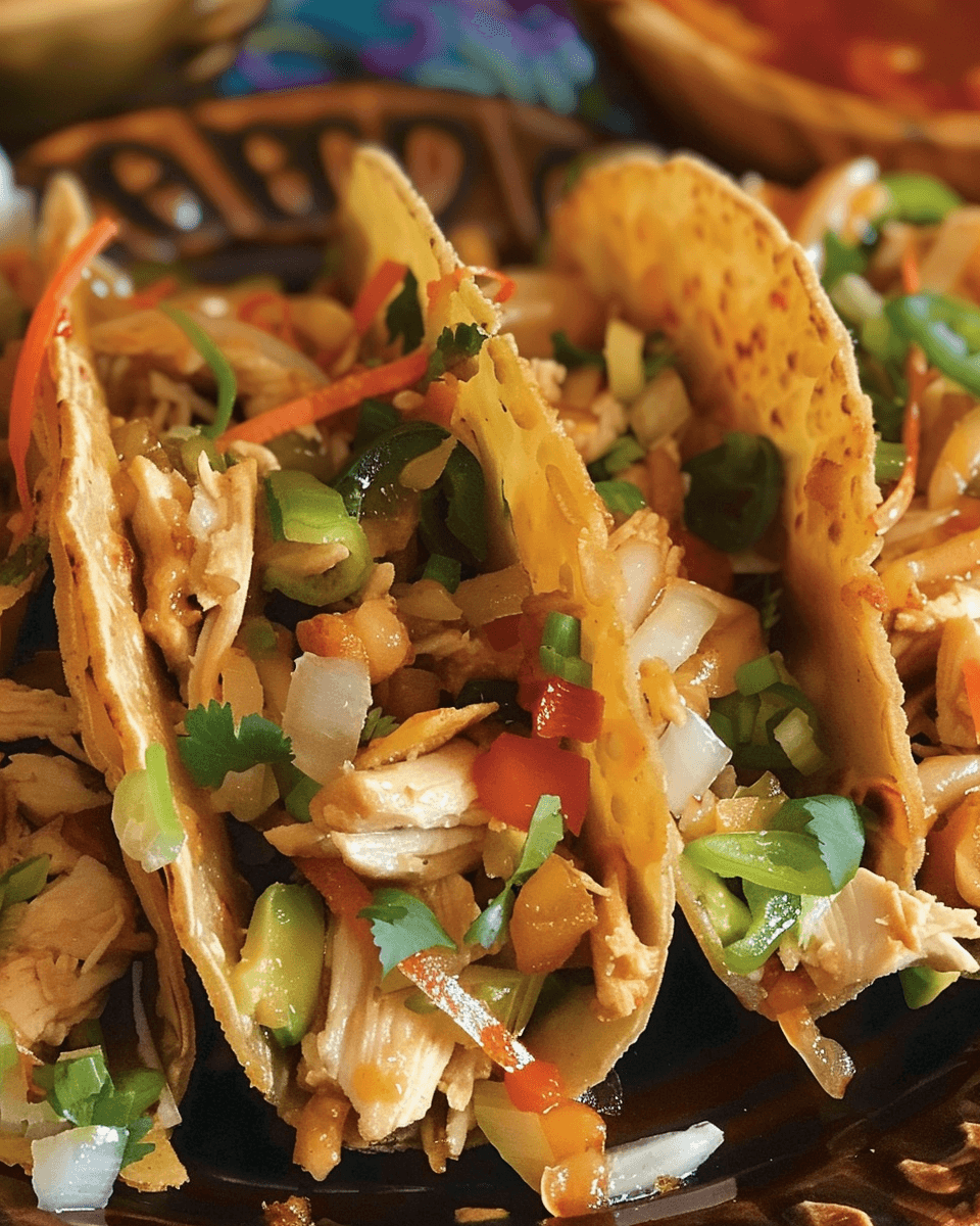Crispy Chicken Wonton Tacos filled with shredded chicken, fresh slaw, and garnished with green onions, cilantro, and a tangy sauce.