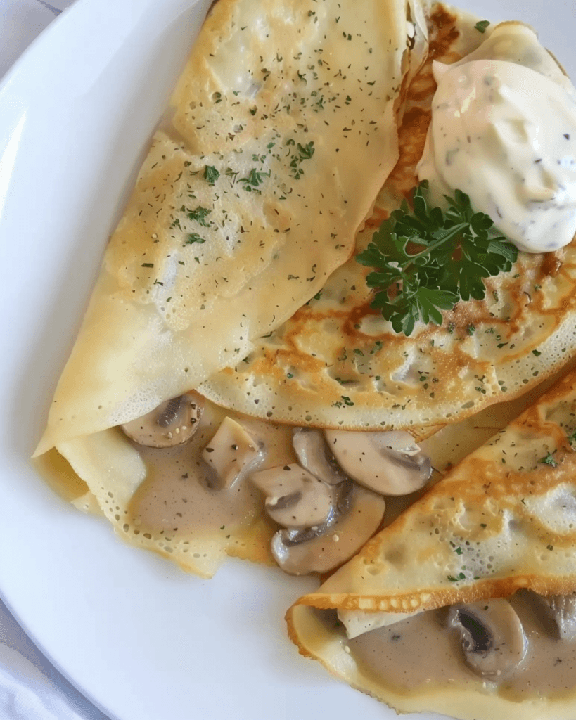Delicate crepes filled with creamy chicken and mushroom sauce, garnished with fresh herbs and served with a dollop of herb-infused sour cream.