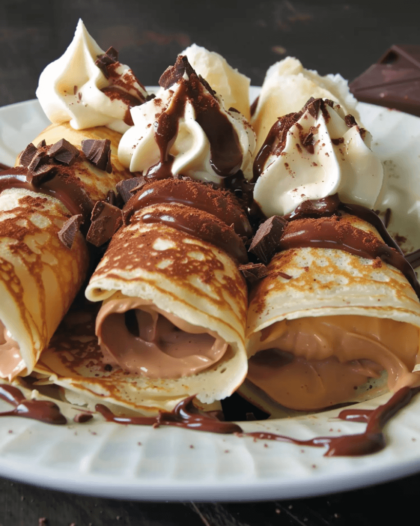 Chocolate-filled crepes topped with whipped cream, chocolate sauce, and chocolate shavings on a white plate.