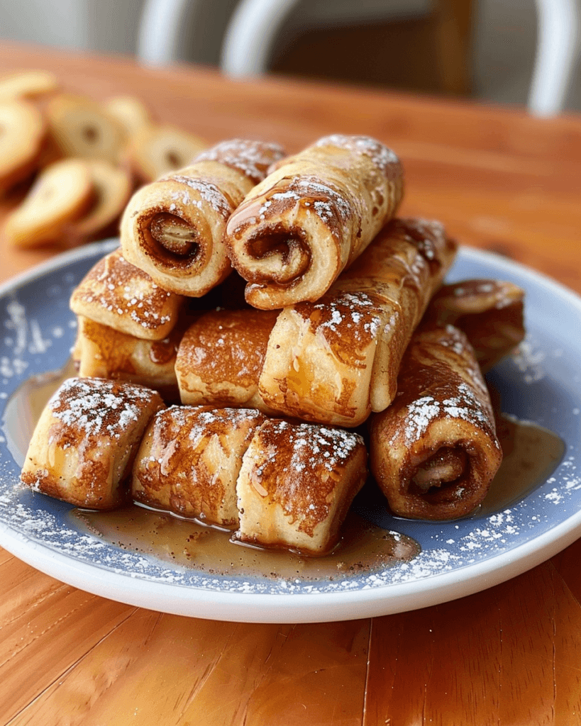 A plate stacked with golden-brown Cinnamon Roll French Toast Roll-Ups, drizzled with syrup and dusted with powdered sugar.