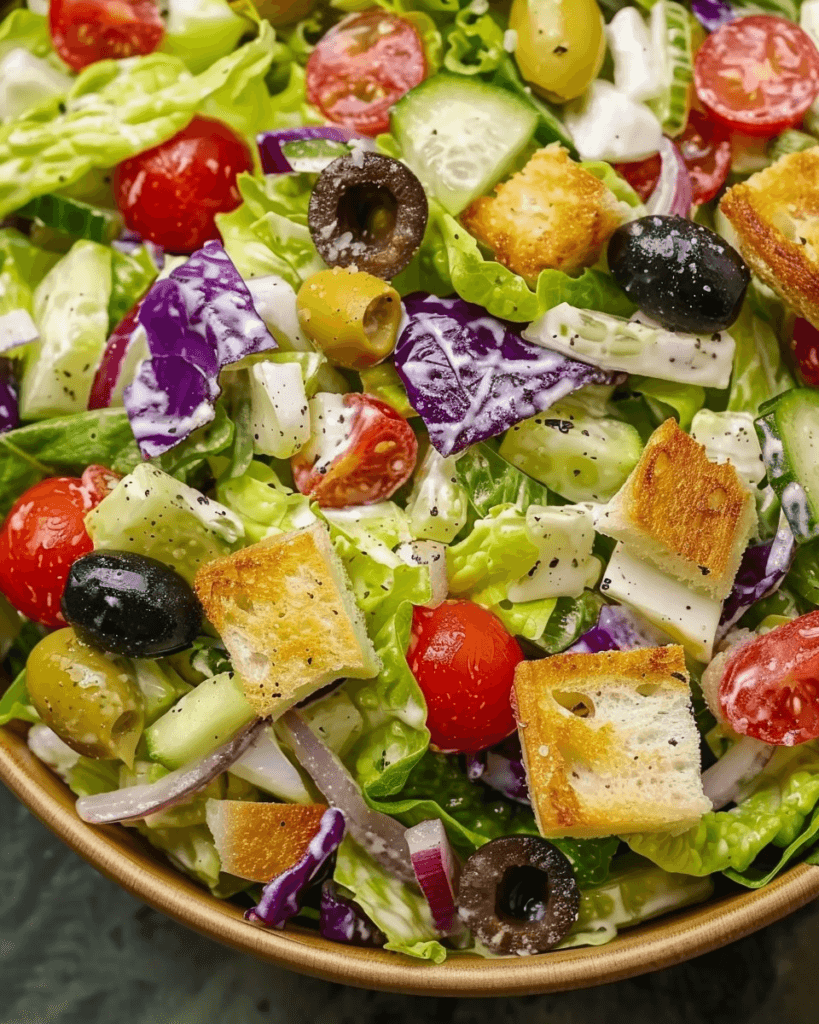 A fresh garden salad with lettuce, cherry tomatoes, cucumbers, red onions, black and green olives, croutons, and a creamy dressing.
