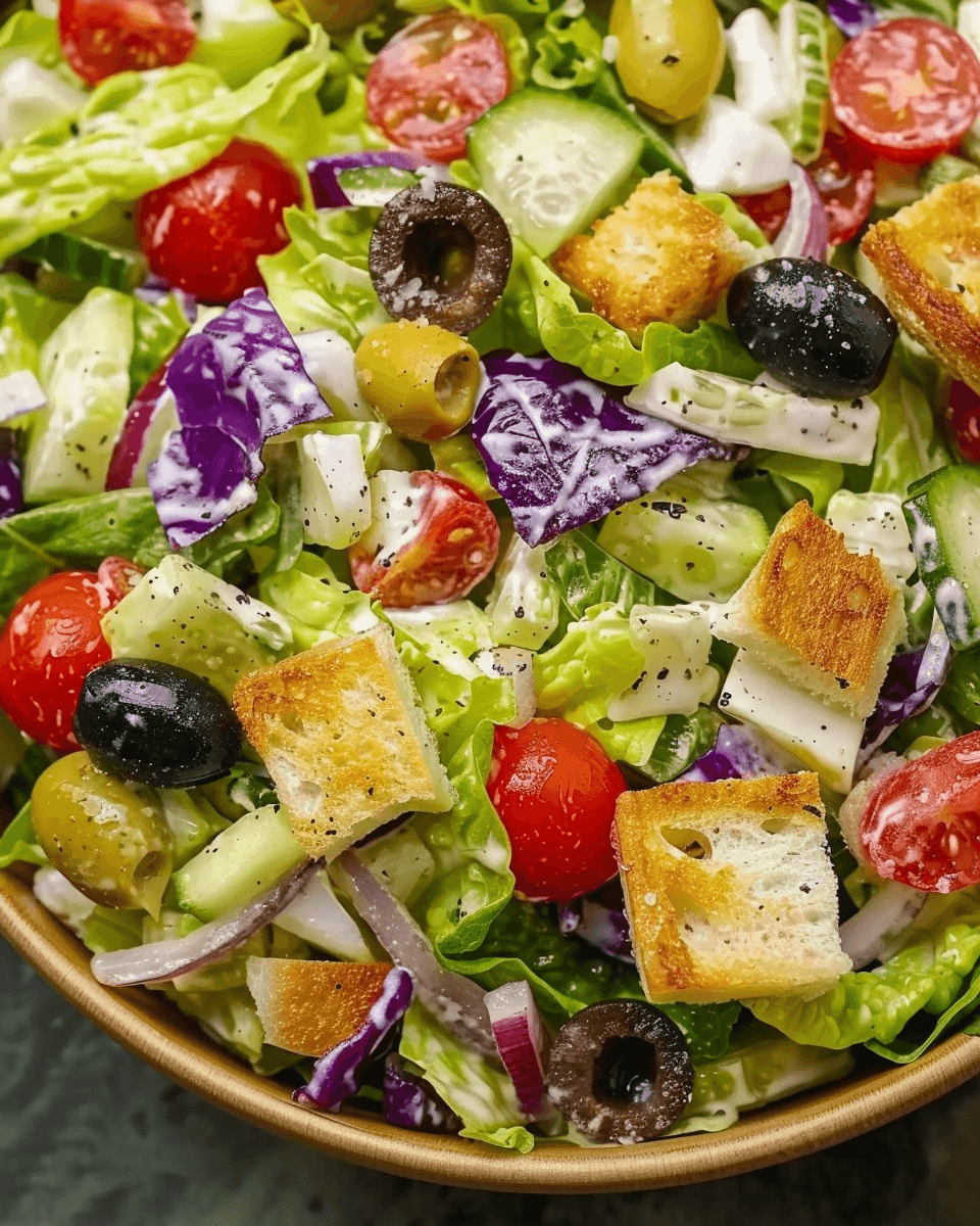 A fresh garden salad with lettuce, cherry tomatoes, cucumbers, red onions, black and green olives, croutons, and a creamy dressing.