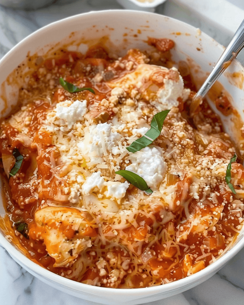 A close-up of a Cottage Cheese Chicken Parm Bowl topped with ricotta, fresh basil, and Parmesan cheese in a white bowl.
