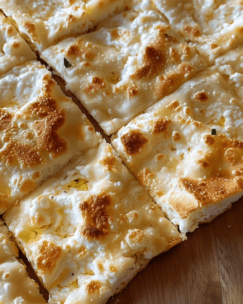 Close-up of freshly baked cottage cheese flatbread, cut into square pieces with a golden-brown, crispy crust and melted cheese.