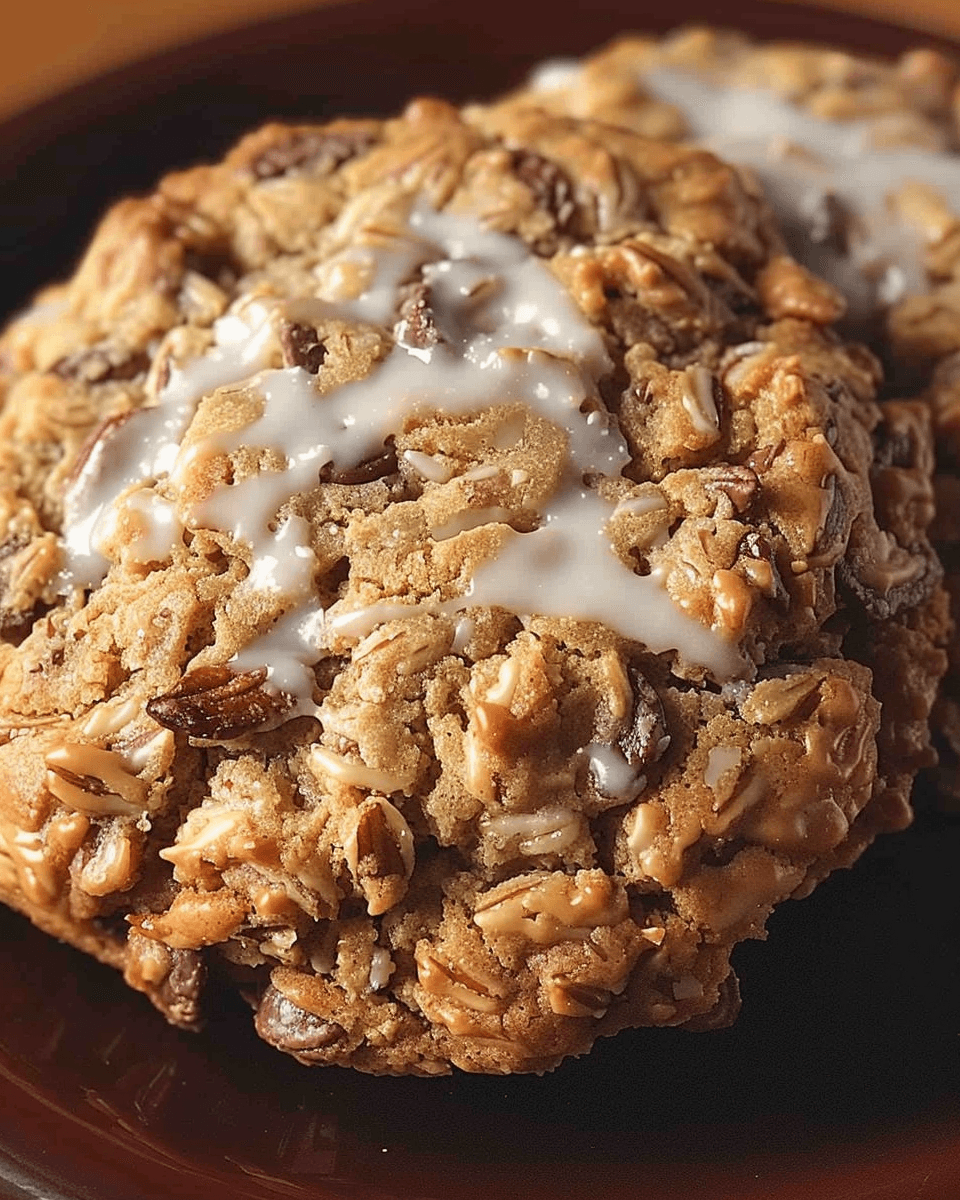 A close-up of homemade cowboy cookies with oats, pecans, and a drizzle of sweet glaze. Title: Homemade Cowboy Cookies with Sweet Glaze