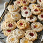 A tray of beautifully decorated cream cheese sugar cookies with intricate designs and fruit jam centers.