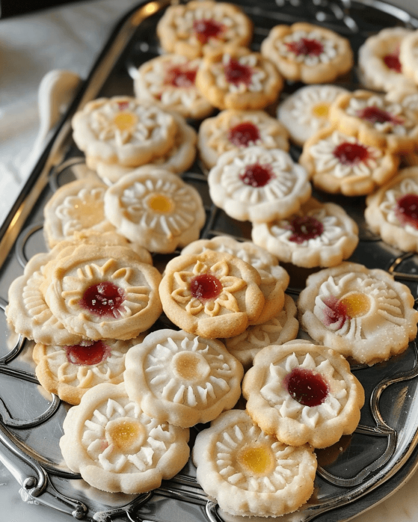 A tray of beautifully decorated cream cheese sugar cookies with intricate designs and fruit jam centers.