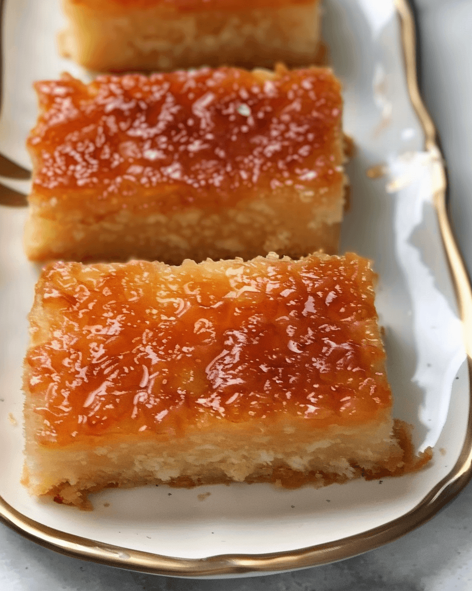 A close-up of creamy no-bake cassava cake with a caramelized golden top, served on a white and gold-rimmed plate.