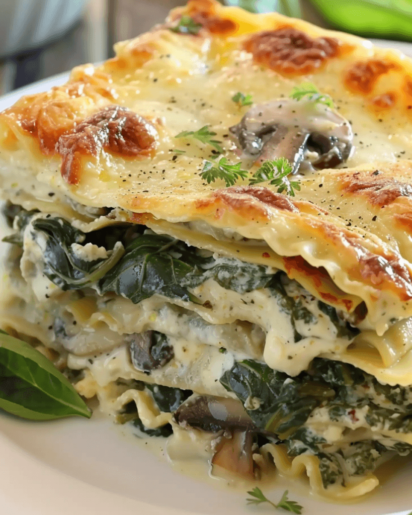 A close-up of creamy spinach and mushroom lasagna with layers of melted cheese, fresh spinach, and tender mushrooms.