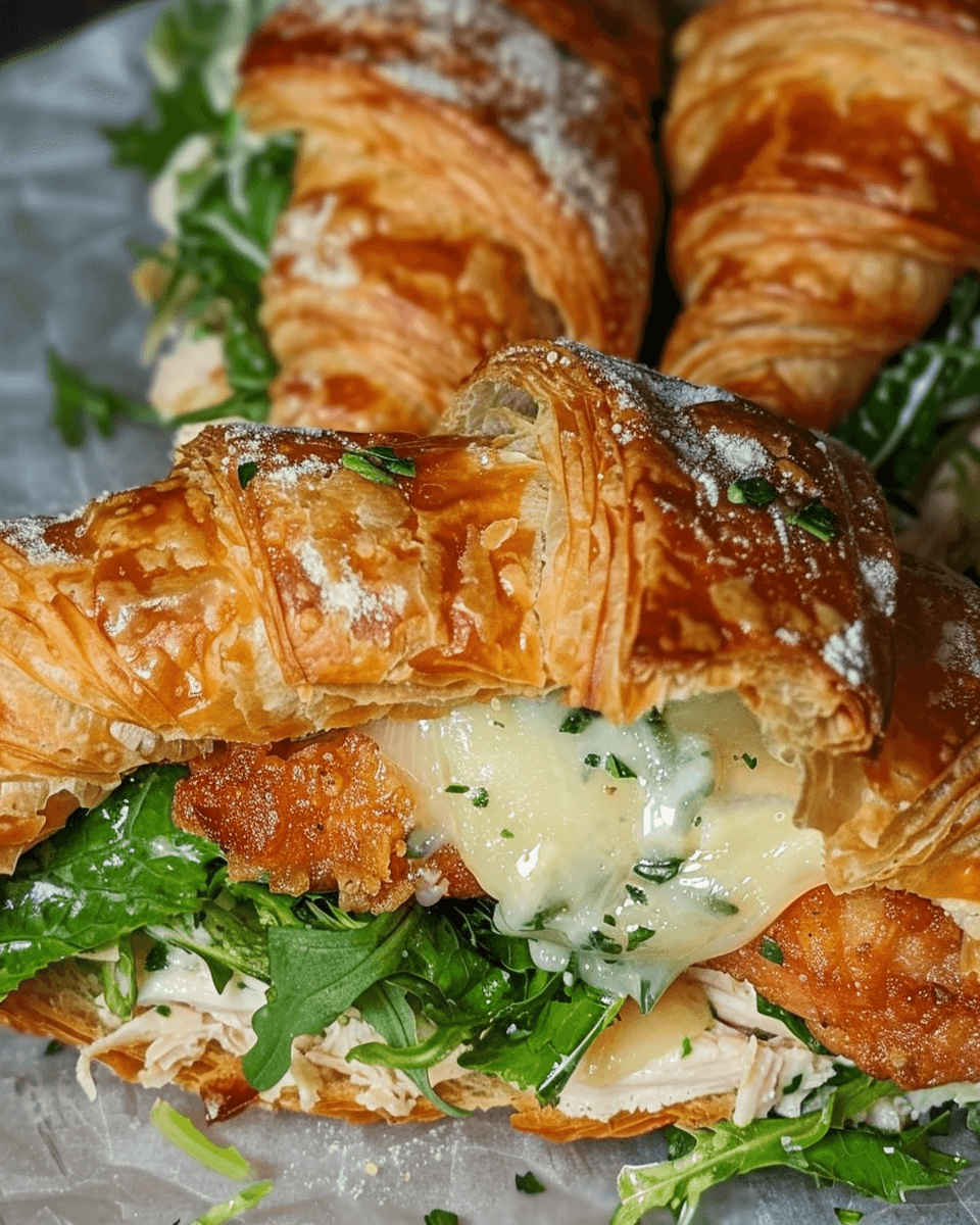 Buttery croissant sandwich filled with crispy chicken, melted cheese, fresh arugula, and shredded chicken.