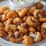 A plate of golden, crispy fried mushrooms served with a creamy cool ranch dip, garnished with fresh herbs.