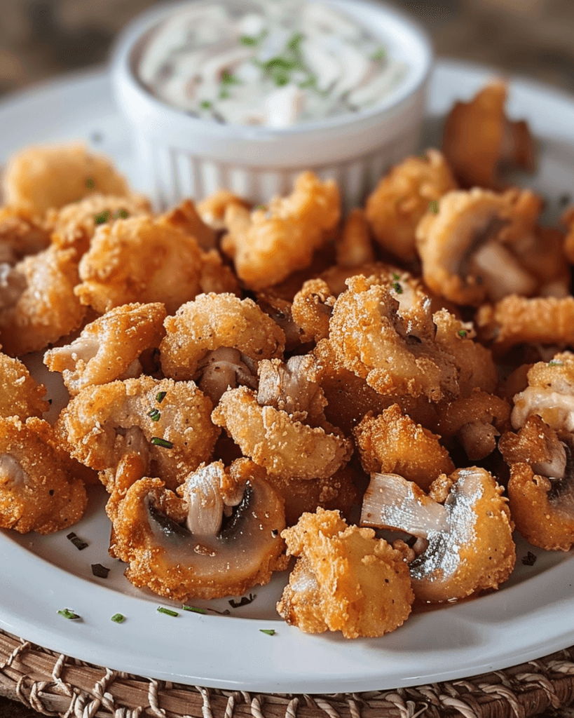 A plate of golden, crispy fried mushrooms served with a creamy cool ranch dip, garnished with fresh herbs.