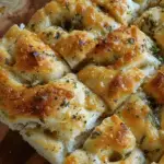 A close-up of freshly baked homemade focaccia bread, golden brown with crispy edges, fluffy interior, and topped with melted cheese, herbs, and garlic.
