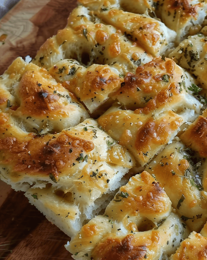 A close-up of freshly baked homemade focaccia bread, golden brown with crispy edges, fluffy interior, and topped with melted cheese, herbs, and garlic.