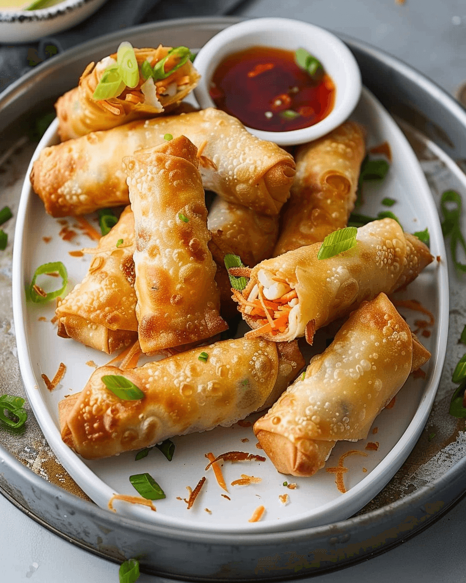 A plate of golden-brown crispy shrimp egg rolls, garnished with sliced green onions and served with a side of sweet and spicy dipping sauce. The egg rolls are filled with shrimp, shredded carrots, and cabbage.