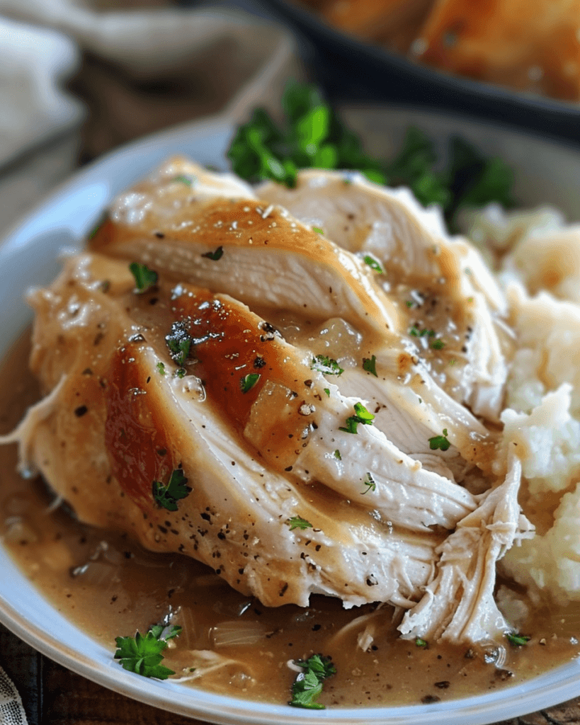 Tender, slow-cooked chicken smothered in rich, savory gravy, served over creamy mashed potatoes and garnished with fresh parsley.