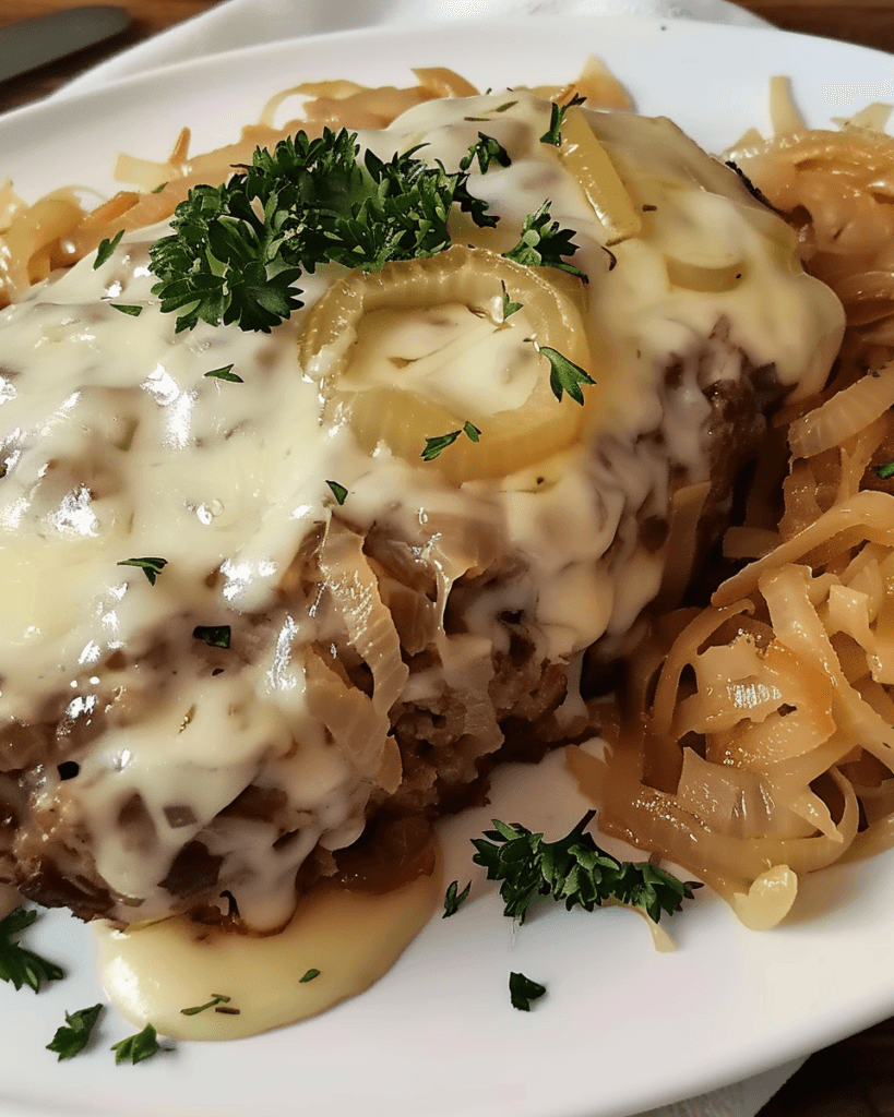 A juicy crockpot French onion meatloaf topped with melted Swiss cheese, caramelized onions, and fresh parsley, served with sautéed onions on a white plate.